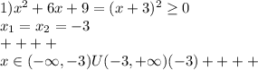 1)x^2+6x+9=(x+3)^2 \geq 0\\x_1=x_2=-3\\+ + + +\\x\in (-\infty,-3)U(-3,+\infty) (-3)+ + + +