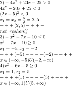 2)-4x^2+20x-250\\4x^2-20x+25<0\\(2x-5)^2<0\\x_1=x_2=\frac{5}{2}=2,5\\+ + + (2,5)+ + + + \\net\;\; reshenij\\3)-x^2-7x-10 \leq 0\\x^2+7x+10 \geq 0\\x_1=-5,x_2=-2\\+ + +(-5)- - - -(-2)+ + + +\\x\in (-\infty,-5)U(-2,+\infty)\\4)x^2-6x+5 \geq 0\\x_1=1,x_2=5\\+ + + +(1)- - - -(5)+ + + +\\x\in (-\infty,1)U(5,+\infty)