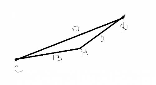 Даны отрезок cd и точка м, причем cd = 17 см, cm = 13 см, dm = 5 см. лежит ли точка м на отрезке cd?
