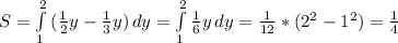 S= \int\limits^2_1 { (\frac{1}{2}y- \frac{1}{3}y) } \, dy= \int\limits^2_1 { \frac{1}{6}y } \, dy= \frac{1}{12}* (2^{2}- 1^{2} ) = \frac{1}{4}