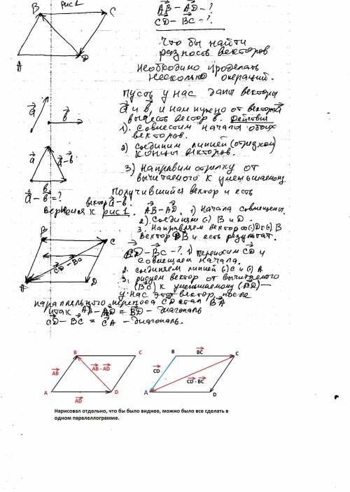 Дан параллелограмм abcd найдите разность векторов ab и ad, cd и bc