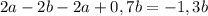 2a-2b-2a+0,7b=-1,3b