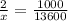 \frac{2}{x}= \frac{1000}{13600}