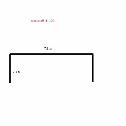 Длина футбольных ворот 7.3 м, высота2.4м. изображение футбольных воротв масштабе 1: 100