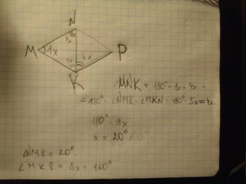 Из вершины тупого угла ромба mnpk проведена диагональ nk. найдте градусные меры углов ромба , если у