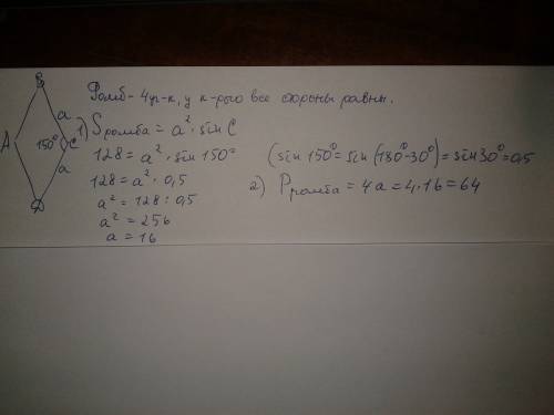 Найдите периметр ромба abcd, если его площадь равна 128 см^2, а один из углов 150 градусов