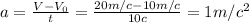 a= \frac{V-V _{0} }{t} = \frac{20m/c-10m/c}{10c} = 1m/c ^{2}