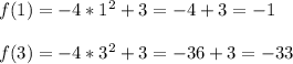 f(1)=-4*1^2+3=-4+3=-1\\\\f(3)=-4*3^2+3=-36+3=-33