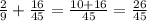 \frac{2}{9}+ \frac{16}{45}= \frac{10+16}{45}= \frac{26}{45}