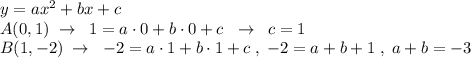 y=ax^2+bx+c\\A(0,1)\; \to \; \; 1=a\cdot 0+b\cdot 0+c\; \; \to \; \; c=1\\B(1,-2)\; \to \; \; -2=a\cdot 1+b\cdot 1+c\; ,\; -2=a+b+1\; ,\; a+b =-3