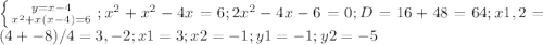 \left \{ {{y=x-4} \atop {x^2+x(x-4)=6} \right. ; x^2+x^2-4x=6; 2x^2-4x-6=0; D=16+48=64;x1,2=(4+-8)/4=3,-2; x1=3;x2=-1;y1=-1;y2=-5