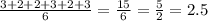 \frac{3 + 2 + 2 + 3 + 2 + 3}{6} = \frac{15}{6} = \frac{5}{2} = 2.5