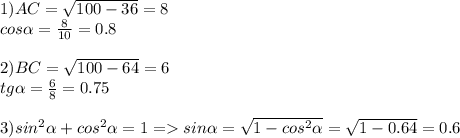 1)AC=\sqrt{100-36}=8\\cos\alpha=\frac{8}{10}=0.8\\\\2)BC=\sqrt{100-64}=6\\tg\alpha=\frac{6}{8}=0.75\\\\3)sin^2\alpha+cos^2\alpha=1=sin\alpha=\sqrt{1-cos^2\alpha}=\sqrt{1-0.64}=0.6