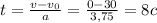 t = \frac{v-v_{0}}{a} = \frac{0-30}{3,75}= 8 c