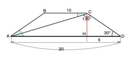 1)в равнобедренной трапеции abcd,угол a=30 градусов,угол acd=135 градусов? ad=20см,bс=10см. найти пе
