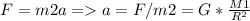 F=m2a=a=F/m2=G*\frac{M1}{R^2}