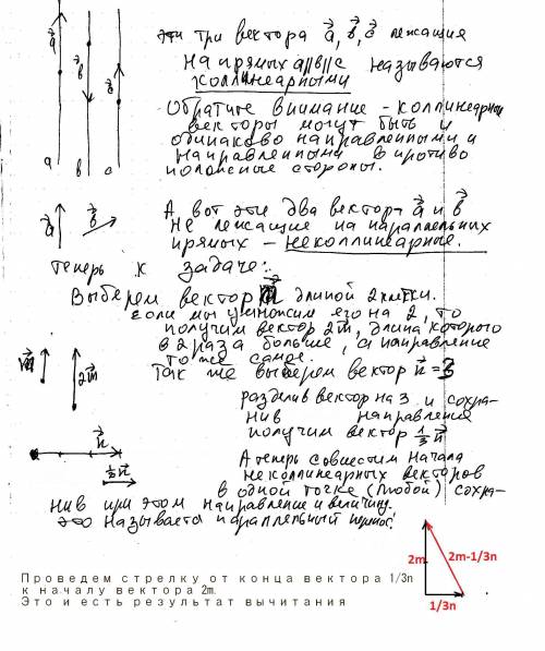 Начертите два неколлинеарных вектора m и n так, что |m|=2см, |n|=3см. постройте вектор a=2m-1/3n. ре