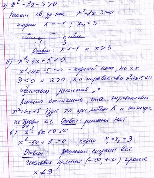 Решите неравенство, с объяснение , : а) х ^2 - 2x - 3 > 0 б) x ^2 + 4x + 5 < 0 в) x ^2 - 6x +