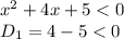 x ^2 + 4x + 5 < 0 &#10;\\\&#10;D_1=4-5<0&#10;&#10;&#10;