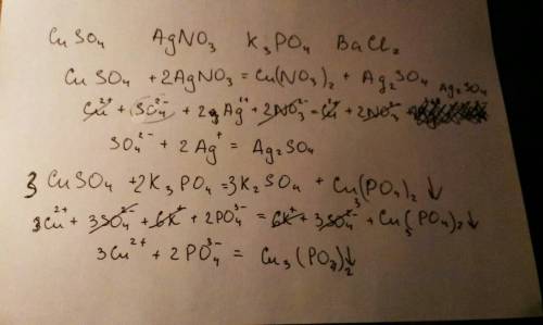 Какие соли можно получить имея cu so4 agno3 k3po4 bacl2.написать уравнения в ионно молекулярном виде