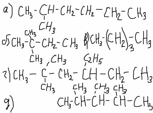 Напишите структурные формулы: а) 2-метилгесан б)2.2 диметилбутан в)н-пентан г)2,2-демитил-4элитгекса