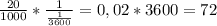 \frac{20}{1000}* \frac{1}{ \frac{1}{3600} } = 0,02*3600=72