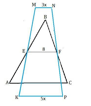 Треугольник abc и трапеция kmnp имеют общую среднюю линию ef , причем kp||mn ef||ac докажите что ac|