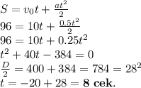 S=v_{0}t+\frac{at^2}{2}\\ 96=10t+\frac{0.5t^2}{2}\\ 96=10t+0.25t^2\\ t^2+40t-384=0\\ \frac{D}{2}=400+384=784=28^2\\ t=-20+28=\bold{8\ cek.}