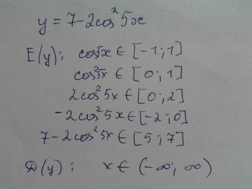 Найдите наименьшее и наибольшее значения функции y=7-2cos^2 5x и её область определения