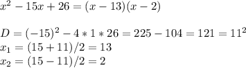 x^2-15x+26=(x-13)(x-2)\\\\D=(-15)^2-4*1*26=225-104=121=11^2\\x_{1}=(15+11)/2=13\\x_{2}=(15-11)/2=2