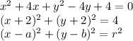 x^{2} +4 x+y^{2} -4y +4=0&#10;\\\&#10; (x+2)^{2} +(y+2)^{2}=4&#10;\\\&#10; (x-a)^{2} +(y-b)^{2}=r^2