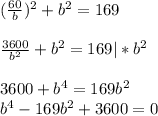 (\frac{60}{b})^2+b^2=169\\\\\frac{3600}{b^2}+b^2=169|*b^2\\\\3600+b^4=169b^2\\b^4-169b^2+3600=0