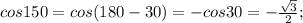 cos150=cos(180-30)=-cos30=- \frac{ \sqrt{3} }{2};