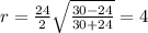 r=\frac{24}{2}\sqrt{\frac{30-24}{30+24}}=4