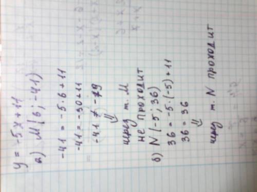 Проходит ли график функции y=-5x+11 через точку: а) м(6; -41) б)n(-5; 36) ?