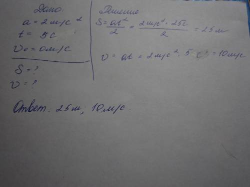 Автомобиль трогается с места с ускорением 2 м/с2.каково его перемещение за 5 с? какую скорость он на