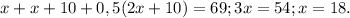 x+x+10+0,5(2x+10)=69;3x=54;x=18.