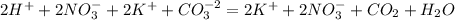 2H^+ + 2NO_3^- + 2K^+ + CO_3^{-2} = 2K^+ + 2NO_3^- + CO_2 + H_2O