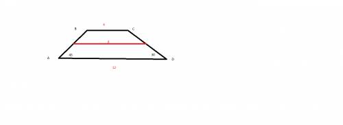 1. дано: трапеция авсd угол а=45, угол d=30, вс=4 а cd=12 найти: среднюю линию трапеции авсd