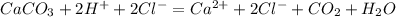 CaCO_3 + 2H^+ + 2Cl^- = Ca^{2+}+ 2Cl^- + CO_2 + H_2O