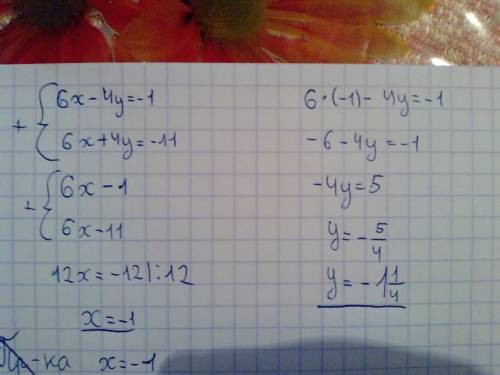 Решите систему уравнений: 6х-4у= -1 6х+4у= -11