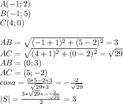 A(-1;2)\\&#10;B(-1;5)\\&#10;C(4;0)\\&#10;\\&#10;AB=\sqrt{(-1+1)^2+(5-2)^2}=3\\&#10;AC=\sqrt{(4+1)^2+(0-2)^2}=\sqrt{29}\\&#10;AB=(0;3)\\&#10;AC=(5;-2)\\&#10;cosa=\frac{0*5-2*3}{\sqrt{29}*3}=-\frac{2}{\sqrt{29}}\\&#10;|S|=\frac{3*\sqrt{29}*-\frac{2}{\sqrt{29}}}{2}=3