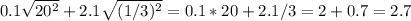 0.1 \sqrt{ 20^{2} } +2.1 \sqrt{ (1/3)^{2} } = 0.1*20+2.1/3=2+0.7=2.7