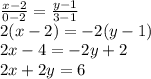 \frac{x-2}{0-2}=\frac{y-1}{3-1}\\&#10; 2(x-2)=-2(y-1)\\&#10; 2x-4=-2y+2\\&#10; 2x+2y=6