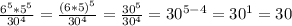 \frac{6 ^{5}* 5^{5} }{30 ^{4} }= \frac{(6*5) ^{5} }{30 ^{4} }= \frac{30 ^{5} }{30 ^{4} } =30 ^{5-4}=30 ^{1}=30