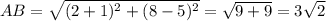 AB=\sqrt{ (2+1)^{2}+(8-5)^{2}}=\sqrt{9+9}=3\sqrt{2}