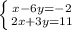 \left \{ {{x - 6y=-2} \atop {2x+3y=11}} \right.