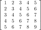 \left[\begin{array}{ccccc}&#10; 1&2&3&4&5\\&#10; 2&3&4&5&6\\&#10; 3&4&5&6&7\\&#10; 4&5&6&7&8\\&#10; 5&6&7&8&9&#10; \end{array}\right]