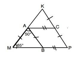 Втреугольнике mpk угол м=65 градусов.на сторонах мк,мр,рк отмечены точки а,в,с, соответственно так ,