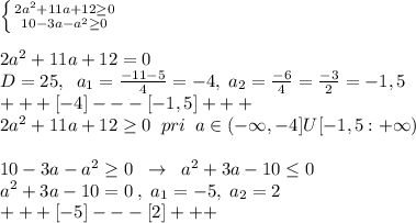 \left \{ {{2a^2+11a+12 \geq 0} \atop {10-3a-a^2 \geq 0}} \right.\\\\2a^2+11a+12 =0\\D=25,\; \; a_1=\frac{-11-5}{4}=-4,\; a_2=\frac{-6}{4}=\frac{-3}{2}=-1,5\\+ + + [-4] - - -[-1,5]+ + +\\2a^2+11a+12 \geq 0\; \; pri\; \; a\in (-\infty,-4]U[-1,5 :+\infty ) \\\\10-3a-a^2 \geq 0\; \; \to \; \; a^2+3a-10 \leq 0\\a^2+3a-10=0\; ,\; a_1=-5,\; a_2=2\\+ + +[-5]- - - [2]+ + +